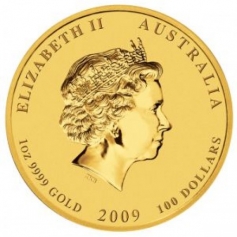 Золотая монета Австралии 100 долларов "Лунный календарь"  2009-Год Быка 1 унция,31,1г.